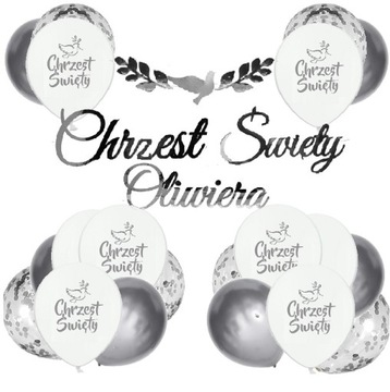Balony srebrne CHRZCINY dekoracje CHRZEST + IMIĘ