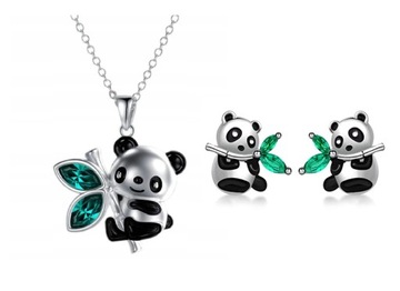 Naszyjnik Kolczyki Panda z bambusem Srebro Komplet