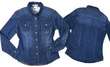 DAMSKA KOSZULA JEANSOWA TALIOWANA PERŁOWE GUZIKI WYGODNA ELASTYCZNA MODNA