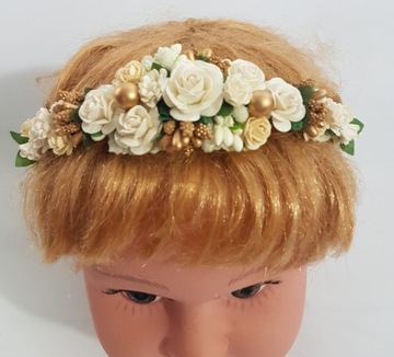 OPASKA KWIATY ECRU+ZŁOTO KOMUNIA RÓŻYCZKI