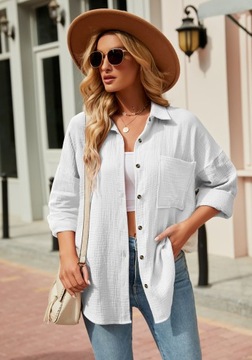 ЭЛЕГАНТНАЯ ЖЕНСКАЯ СВОБОДНАЯ МУСЛИНОВАЯ РУБАШКА, ОВЕРСАЙЗ, СТИЛЬНАЯ, БЕЛАЯ, XXL