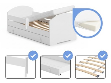 Кровать односпальная белая детская 140х70 с перилами, ящиком и матрасом ЛУК.