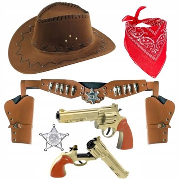 КОМПЛЕКТ КОВБОЙСКИЙ НАРЯД ДЕТСКАЯ ШЛЯПА БАНДАМА КОБУРА 2 ЗНАЧКА РЕВОЛЬВЕРЫ