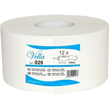 Туалетная бумага целлюлозная Jumbo VELLA 12 шт 100м без запаха