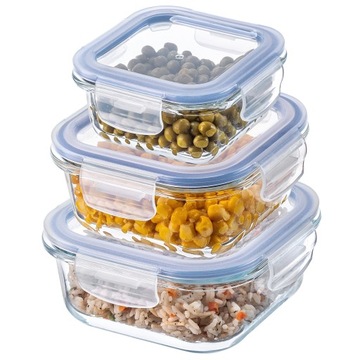 ZESTAW POJEMNIKÓW NA ŻYWNOŚĆ SZKLANE POKRYWKĄ PUDEŁKO KWADRATOWE 3szt