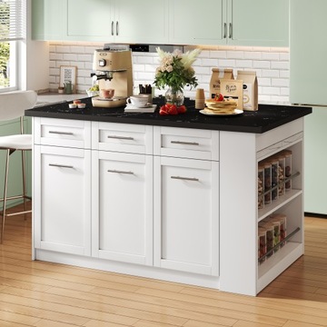 150+96cm White Kitchen Island w/ Extendable Table, Marble Top & Storage