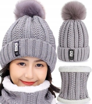 Зимний комплект, теплая серая женская шапка, утеплитель для шеи, утепленный туннель