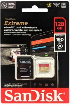 SANDISK MICRO SDXC EXTREME 128 ГБ 190 МБ/с U3 V30 A2