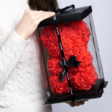 МИШКА С РОЗАМИ 30 СМ РОЗА МИШКА С ЛЕПЕСТКАМИ РОЗ БАНТ ПОДАРОЧНАЯ КОРОБКА КРАСНЫЙ