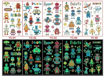 TATUAŻE ZMYWALNE KALKOMANIE ŚWIECĄCE W CIEMNOŚCI DLA DZIECI 5 ARKUSZY ROBOT
