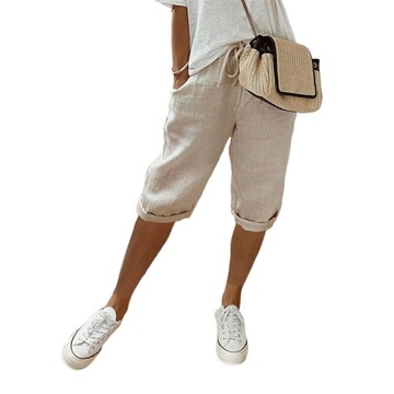 Krótkie spodenki damskie ze sznurkiem do kolan, Khaki, XL