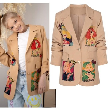 Бежевый жакет оверсайз для девочки латте, свободный с аппликациями 152