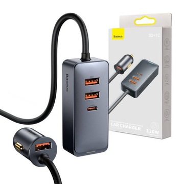 Ładowarka Samochodowa Baseus z przedłużaczem, 3x USB, USB-C, 120W (szara)