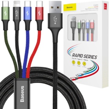 BASEUS CA1T4-B01 USB-кабель 4 в 1 Lightning 2xUSB-C microUSB нейлон 3,5 А 1,2 м