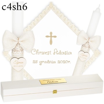 ŚWIECA NA CHRZEST + PUDEŁKO SZATKA I ŚWIECA DO CHRZTU HAFT + GRAWER - BOHO