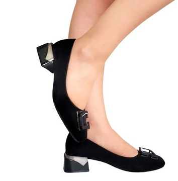 Efektowne Czarne Buty Czółenka Ozdobne Klamry Cyrkonie Słupek 4 Cm 40