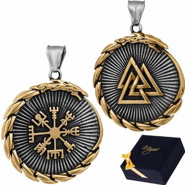 Wisiorek Męski Okrągły Medalion Valknut i Vegvisir
