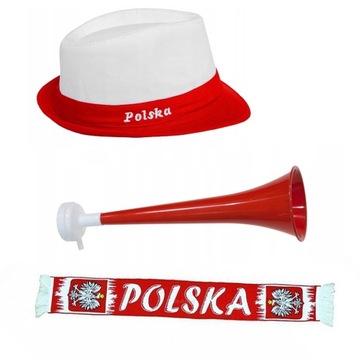 ZESTAW DLA KIBICA SZALIK KAPELUSZ TRĄBKA POLSKA REPREZENTACJI POLSKI