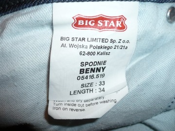 SPODNIE JEANS BIG STAR BENNY W33/L31 - W82/L105 QUALITY COMFORT REGULAR FIT