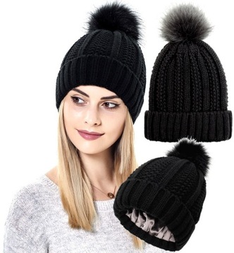 Женская утепленная зимняя шапка с помпоном, ТЕПЛАЯ, плетеная шапка.