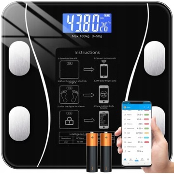 WAGA ŁAZIENKOWA ANALITYCZNA LCD ELEKTRONICZNA BMI BLUETOOTH SMART SZKLANA