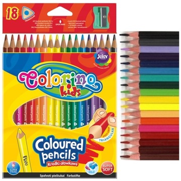 KREDKI TRÓJKĄTNE ołówkowe szkolne do piórnika COLORINO 18 kol + temperówka