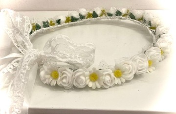 Венок для причастия с ромашками и розами, белый венок для причастия, кружевной бантик