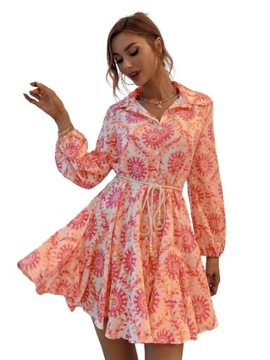 SHEIN WZORZYSTA ROZKLOSZOWANA SUKIENKA KOSZULOWA MINI NADRUK L
