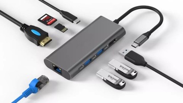 Adapter 8w1 HUB USB-C 3.1 HDMI 4K, RJ45, USB 3,0, Czytnik kart SD/TF, PDC