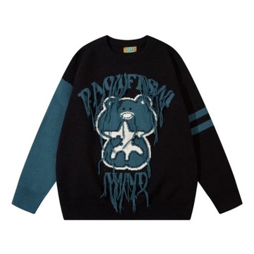 Men Cartoon Teddy Bear Sweater Color Block Harajuk