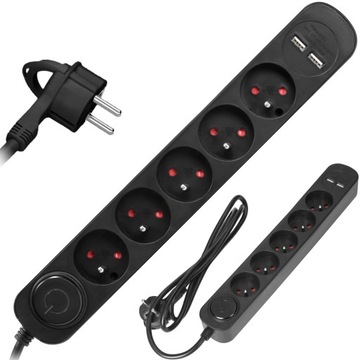 PRZEDŁUŻACZ PŁASKA WTYCZKA 5 GNIAZD + 2x USB 1,5m