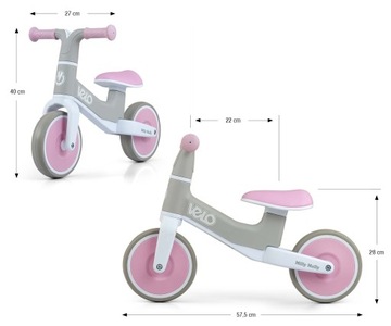 Milly Mally Rowerek Velo Biegowy Różowo-Szary Jeździk Rower Dla Dzieci 18M+