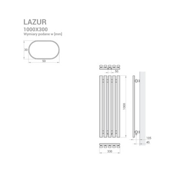 ДЕКОРАТИВНЫЙ РАДИАТОР вертикальный декоративный 1000/330 LAZUR 428W MAT ЧЕРНАЯ СТРУКТУРА.