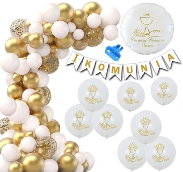 GIRLANDA KOMUNIJNA BALONY PIERWSZA KOMUNIA ŚWIĘTA BIAŁO ZŁOTA MEGA MOCNE