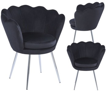 Krzesło Glamour SHELL CHROME Muszla Muszelka czarna SREBRNE NÓŻKI welur