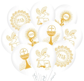 Balony Komunijne Biało Złote10 szt Kielich IHS na Komunię