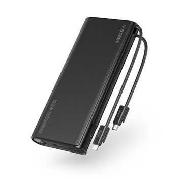 Powerbank VEGER PD 130W 25000mAh czarny z wbudowanymi kablami C i Lighting