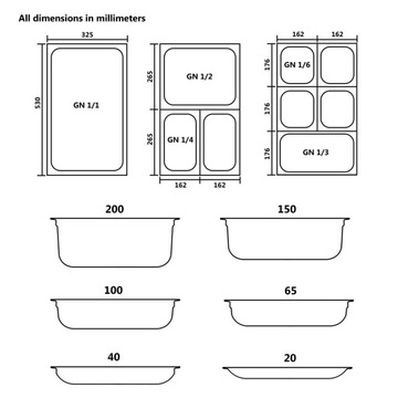 POJEMNIKI GASTRONOMICZNE 4 SZT. GN 1/2 65MM STAL NIERDZEWNA