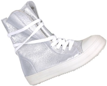 WYSOKIE TRAMPKI SNEAKERSY MŁODZIEŻOWE BOKSERKI SREBRNE BŁYSZCZĄCE 37