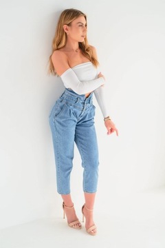 Modelujące spodnie damskie Jeansy MOM FIT wysoki stan luźna nogawka S