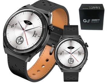 Smartwatch Garett V12 czarny skórzany TRENING KROKI KCAL PULS TETNO SMS