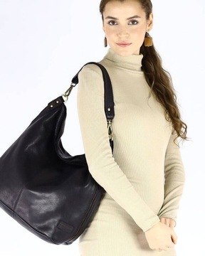 Divino - włoska duża torba worek na ramię skórzana czarna