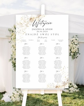 Plakat weselny z planem stołów, złote kropki