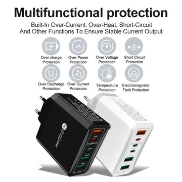 MOCNA SZYBKA UNIWERSALNA ŁADOWARKA SIECIOWA 55W PD+QC 3.0 USB x3 + USB-C x3