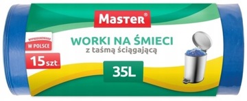 MASTER WORKI NA ŚMIECI 35L 15SZT Z TAŚMĄ NIEBIESKIE HDPE