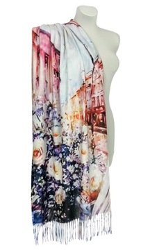 CASHMERE DUŻY SZAL replika WEŁNA KWIATY I MIASTO