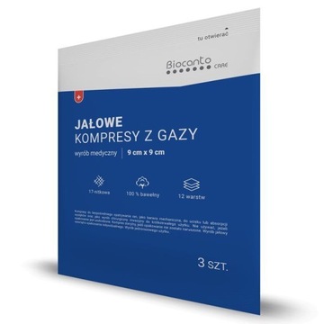 BIOCANTO JAŁOWE KOMPRESY z GAZY 9cm x 9cm x 3 szt