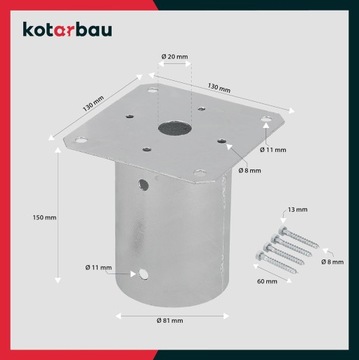 ОСНОВАНИЕ ДЛЯ ВИНТОВОЙ СТОЙКИ 130Х130 ММ АНКЕР ДЛЯ БЕТОННЫХ БОРК КРОНШТЕЙН ОЦИНКОВАННЫЙ