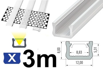 PROFIL LED 3M ALUMINOWY DO TAŚM 12mm WĄSKI TYP X BIAŁY 3M + KLOSZ