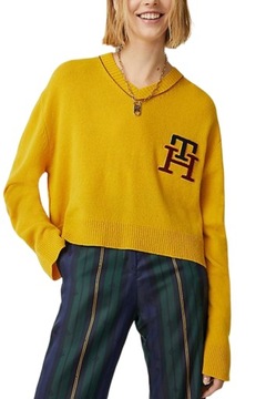 Sweter damski Tommy Hilfiger krótki wełniany musztardowy modny luźny r. XXL